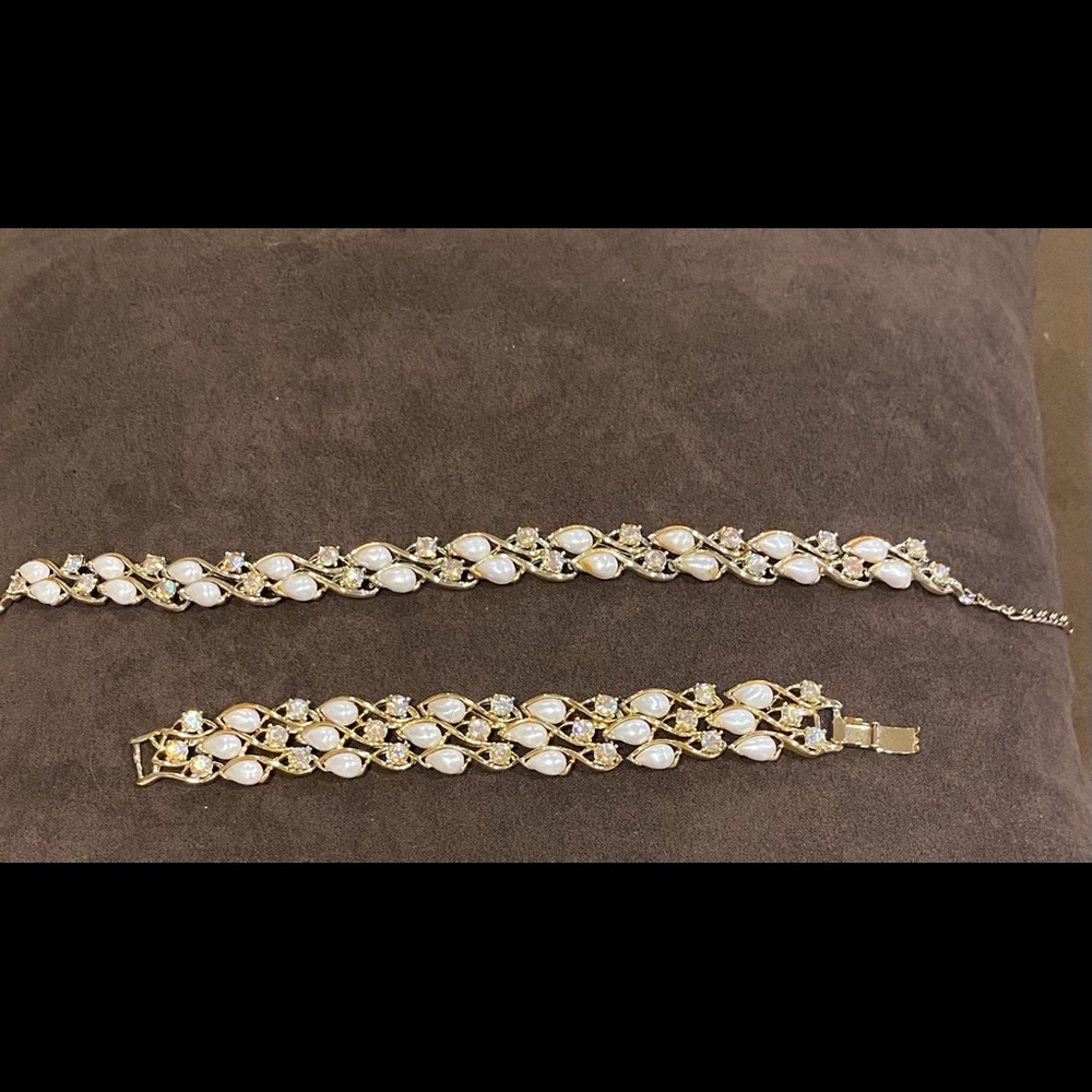 Vintage Pearl & Rhinestone Necklace & Bracelet Set